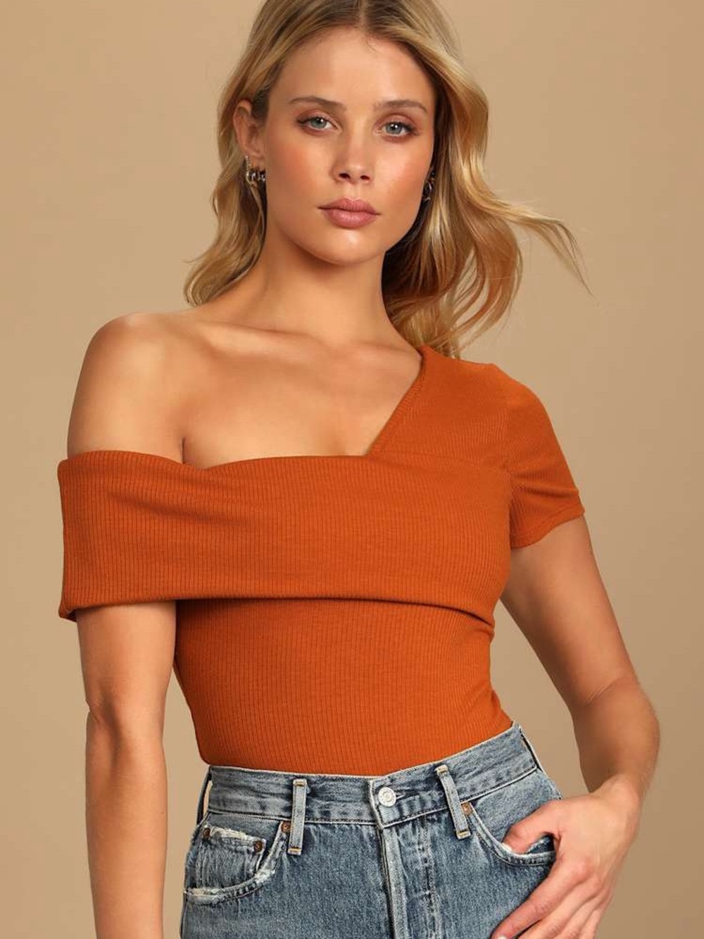 Lulus My Charming Ways Rust Orange Ribbed One Shoulder Bodysuit NWT M